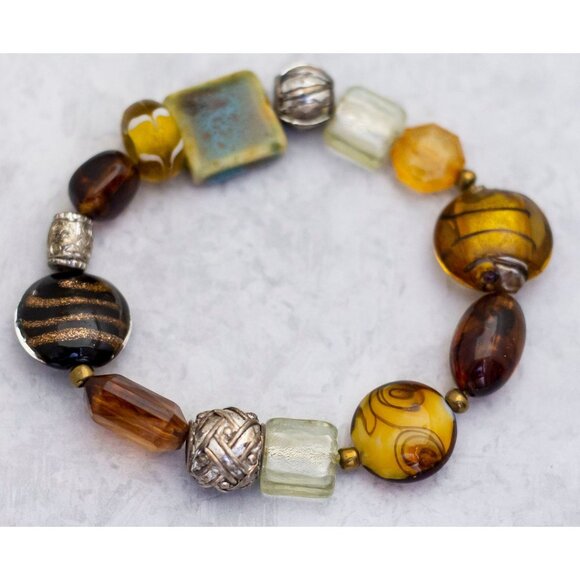 7 inch, Vintage Glass  Metal Ceramic  Beaded Bracelet - CT1 - Picture 2 of 3